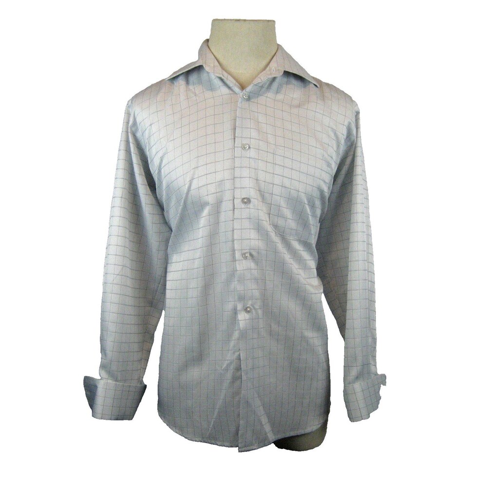 Mens Lucasini Poly Blue Check LS French Cuff Dress Shirt size 16-32/33